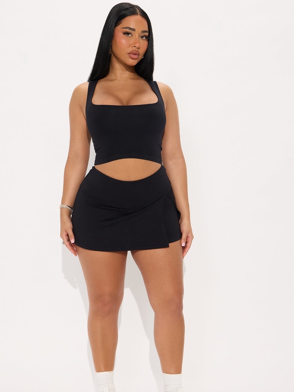 Black Seamless Crop Top & Mini Skirt Set - Size M/L